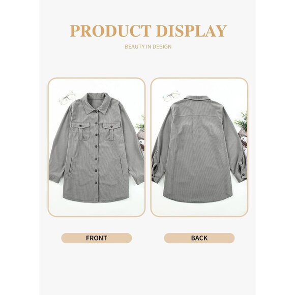 Womens Gray Plus Size Plaid Shacket Long Sleeve Button Down Casual Jacket - Picture 4 of 5